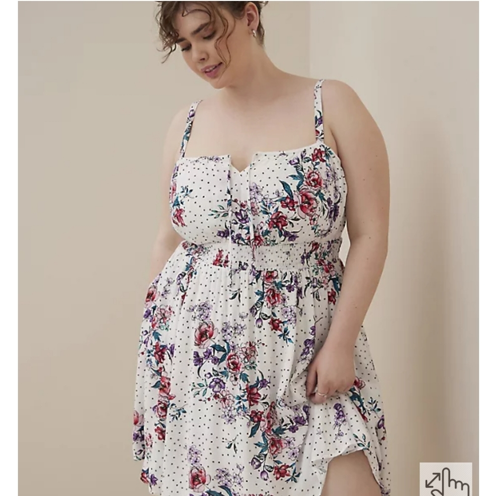 Torrid Tie Front Smocked Waist White Floral Gauze Full Skirted Mini Dress